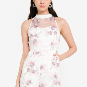 Cerise Mesh Floral Cheongsam Romper in White