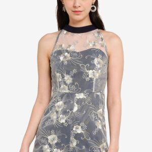 Cerise Mesh Floral Cheongsam Romper in Navy Blue