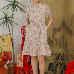 Maxinne Midi Dress in Soft Beige Botanical