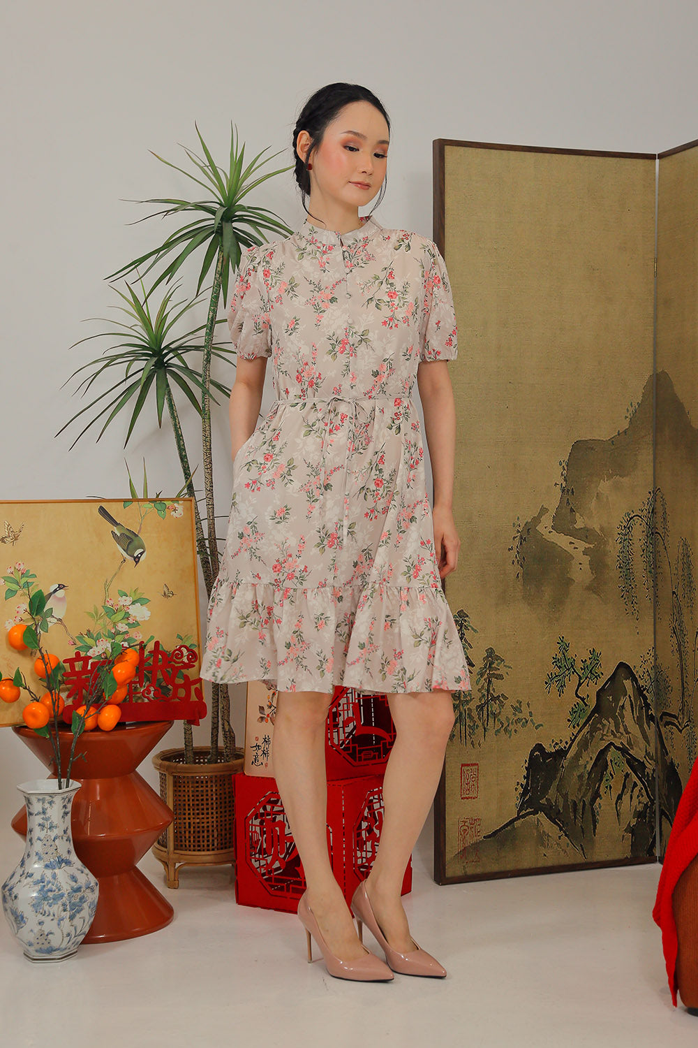 Maxinne Midi Dress in Soft Beige Botanical - Image 3