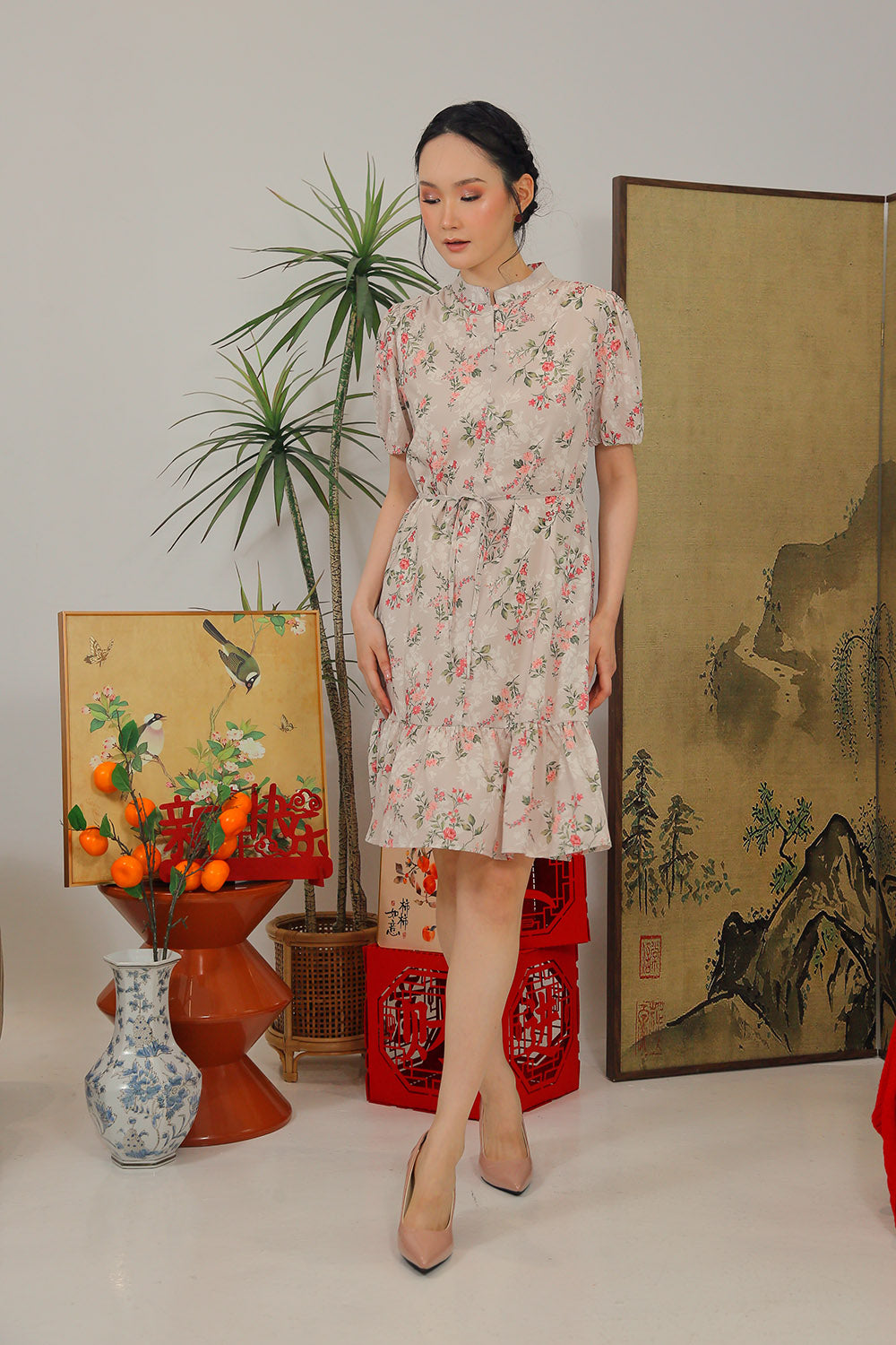 Maxinne Midi Dress in Soft Beige Botanical - Image 4