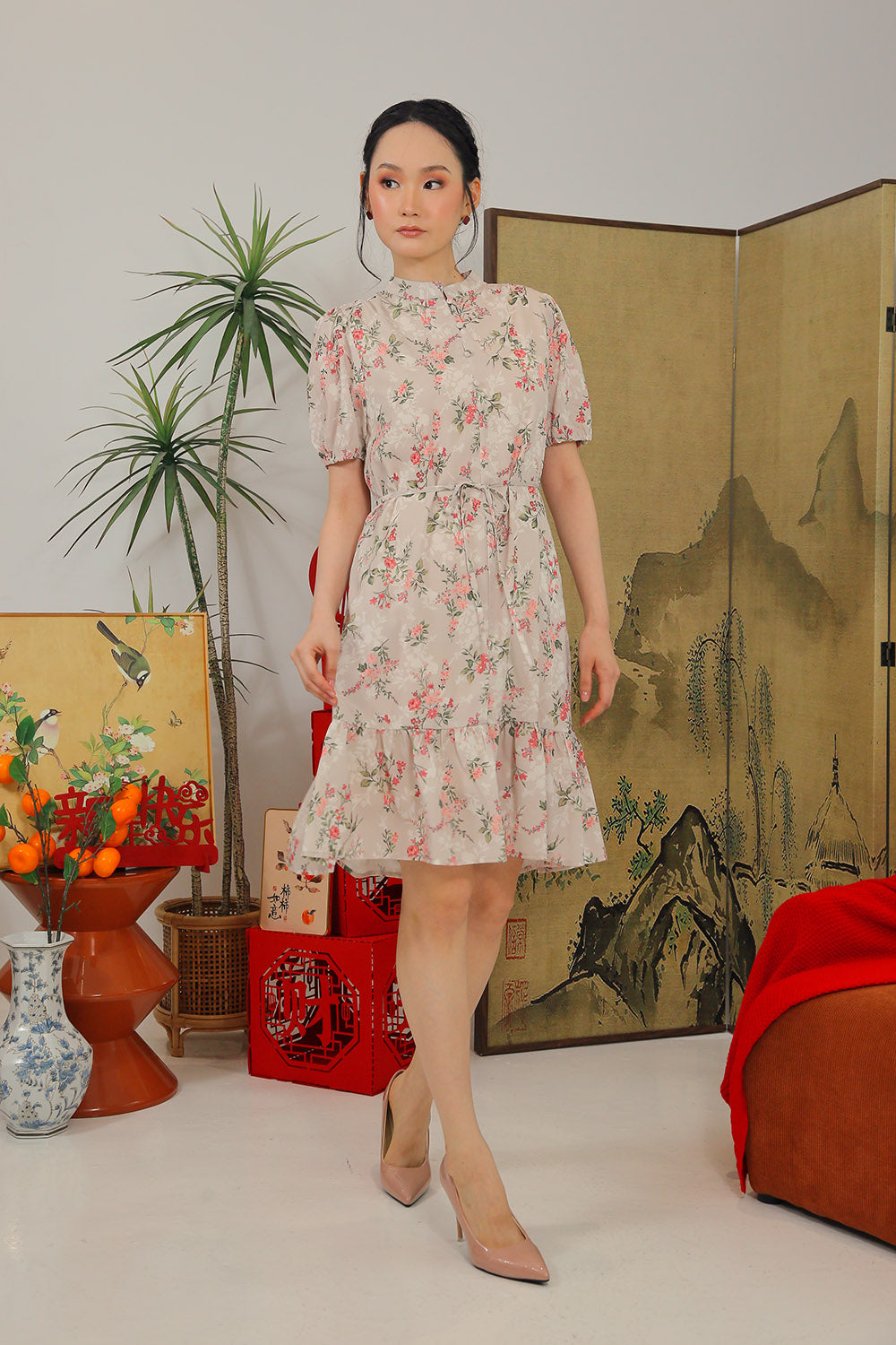 Maxinne Midi Dress in Soft Beige Botanical - Image 5