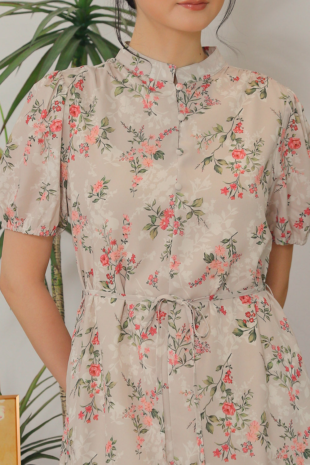 Maxinne Midi Dress in Soft Beige Botanical - Image 2