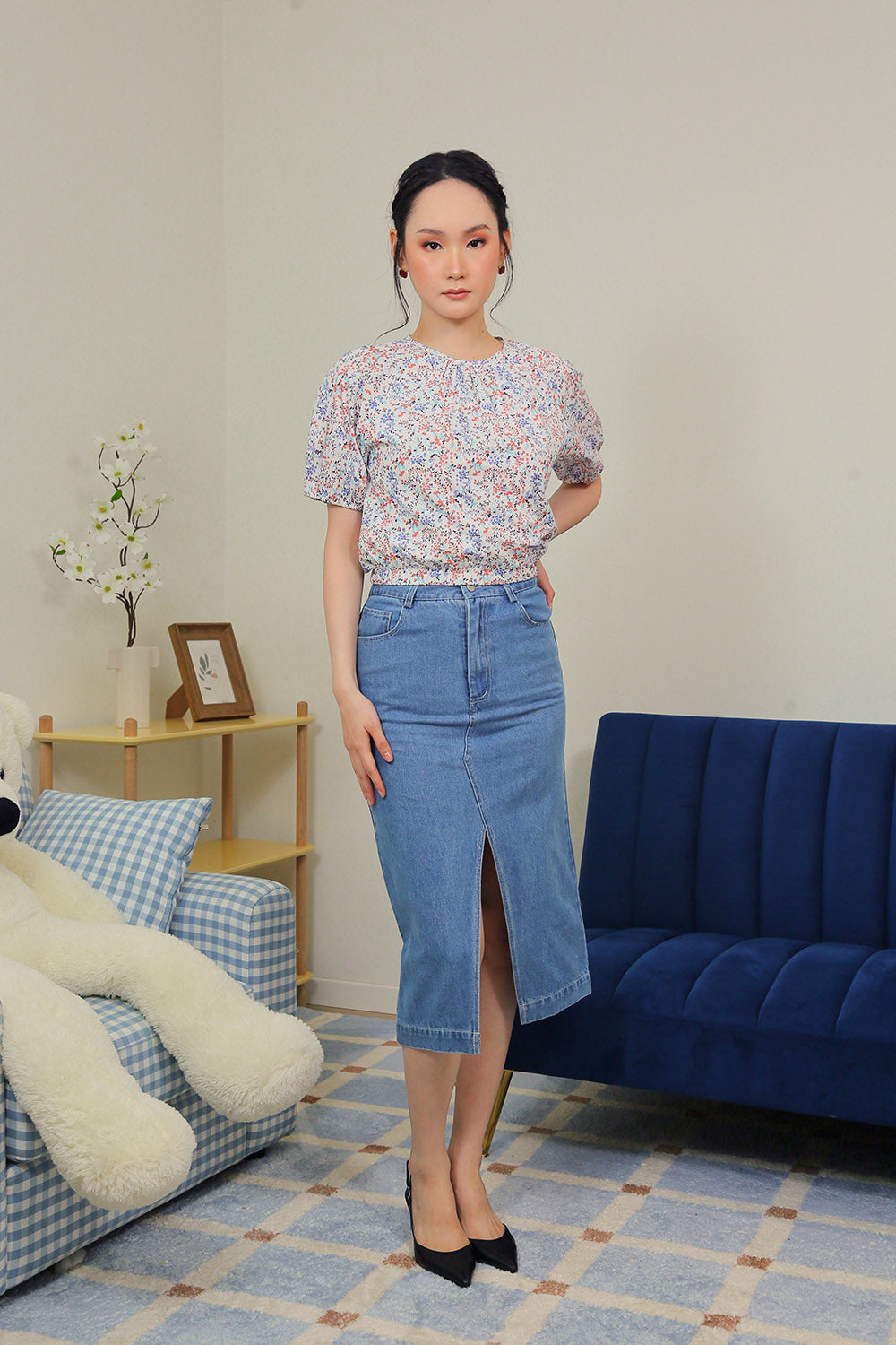 Rania Floral Blouson Top in Blue Meadow - Image 6