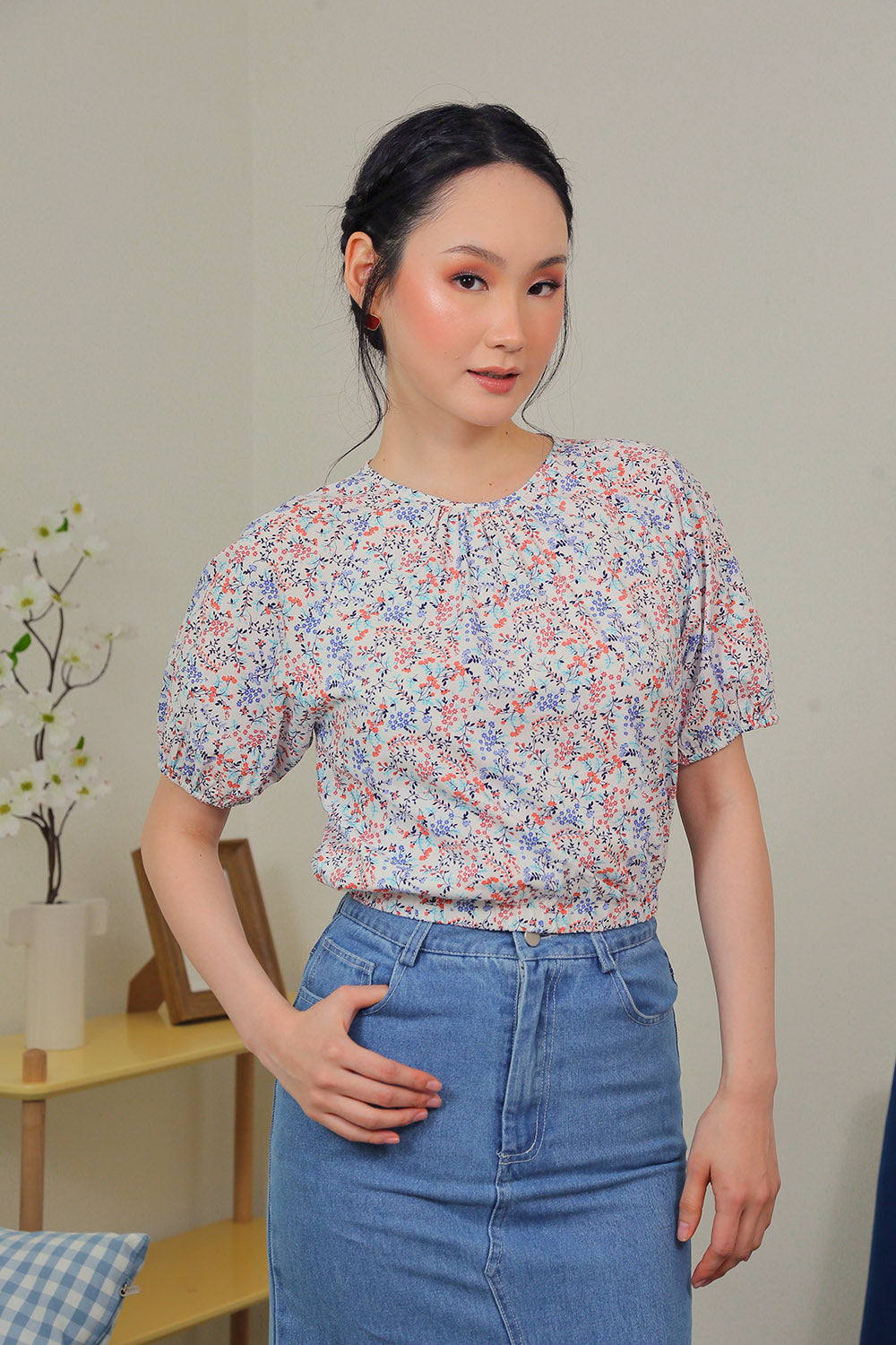Rania Floral Blouson Top in Blue Meadow - Image 3
