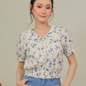 Daniella Ruffled Collar Floral Blouse in Ivory Blue