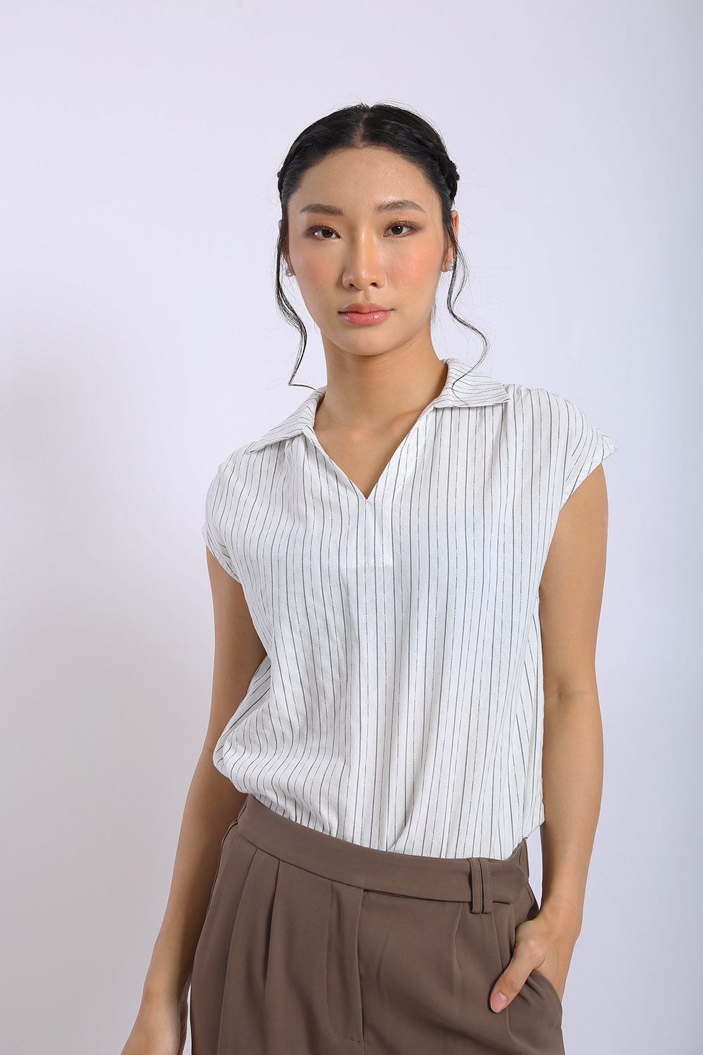 Lena Pinstripe Sleeveless Shirt in White