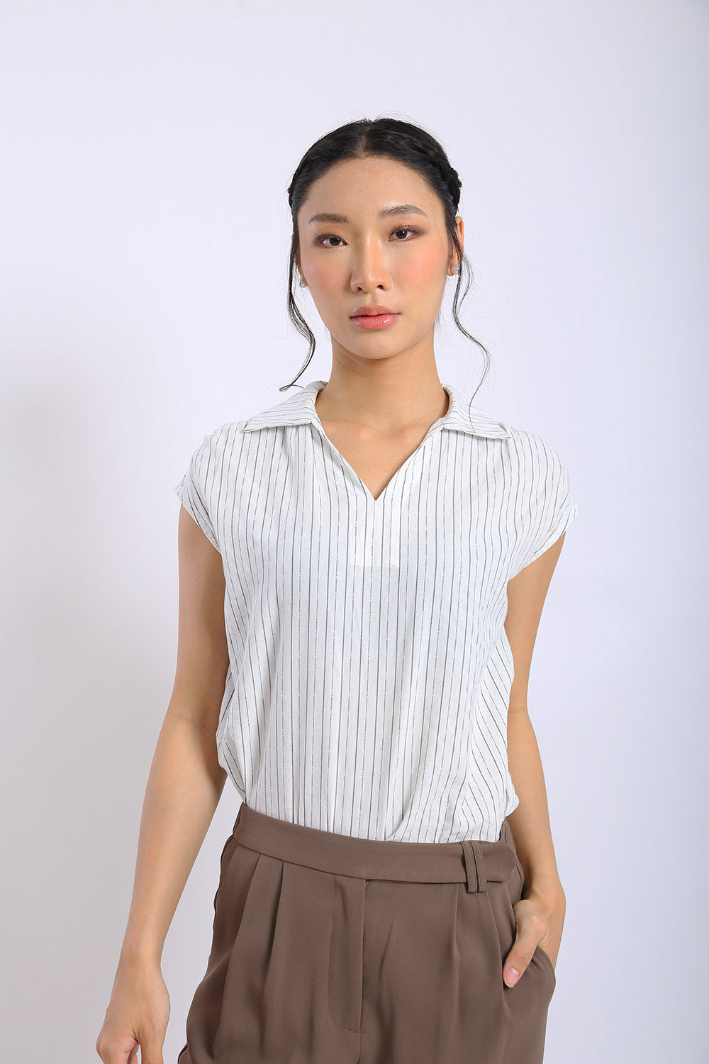 Lena Pinstripe Sleeveless Shirt in White - Image 4