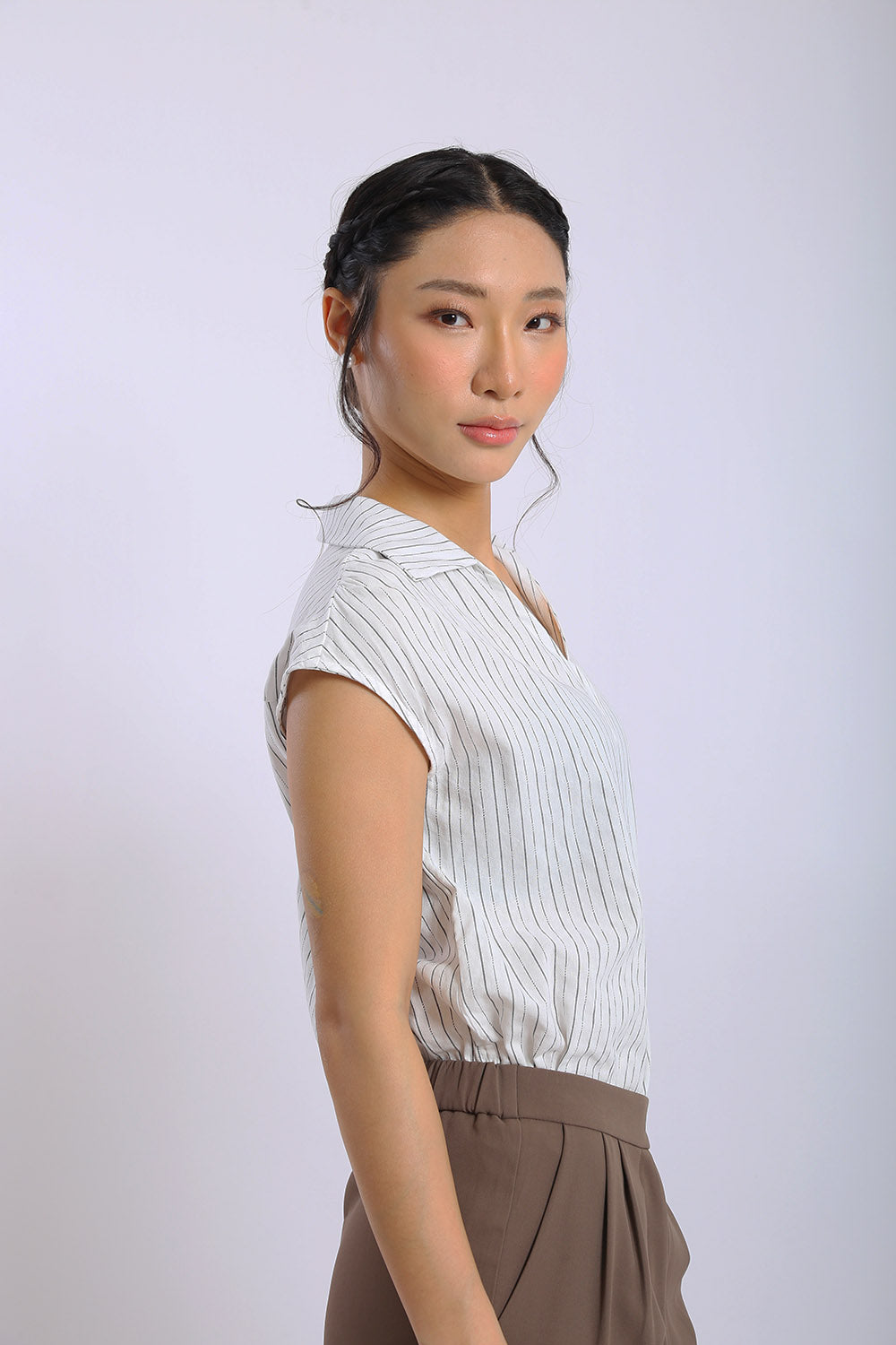 Lena Pinstripe Sleeveless Shirt in White - Image 3