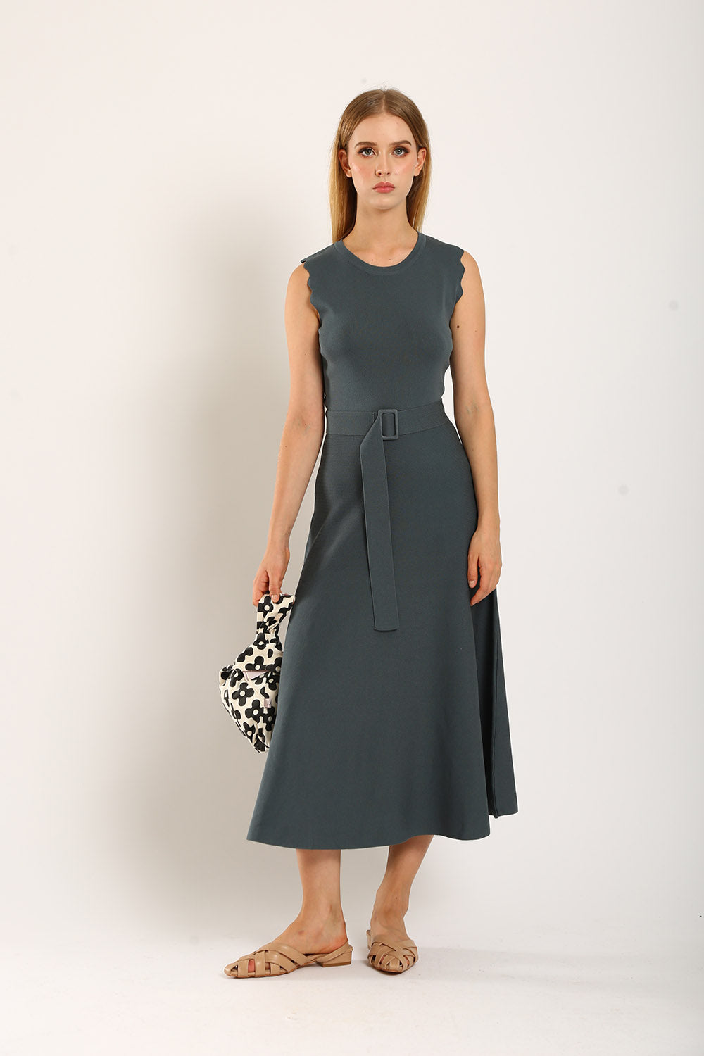 Clabelle Knit Belted Midi Dress in Gun Metal - Image 4