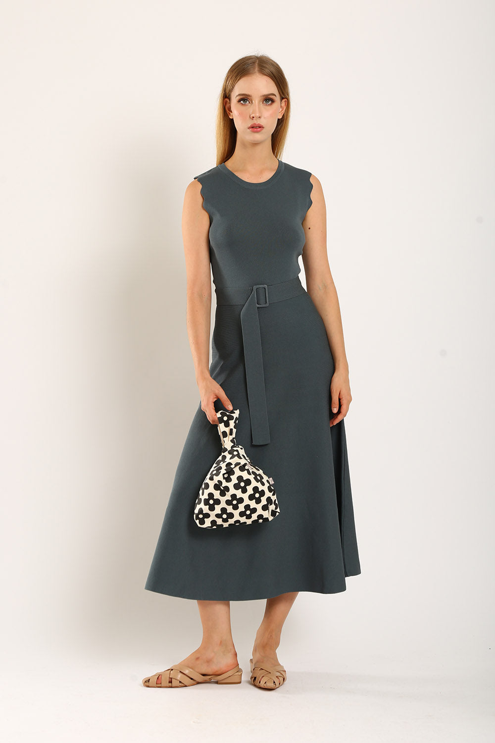Clabelle Knit Belted Midi Dress in Gun Metal - Image 3