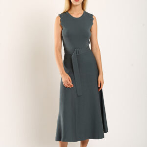 Clabelle Knit Belted Midi Dress in Gun Metal