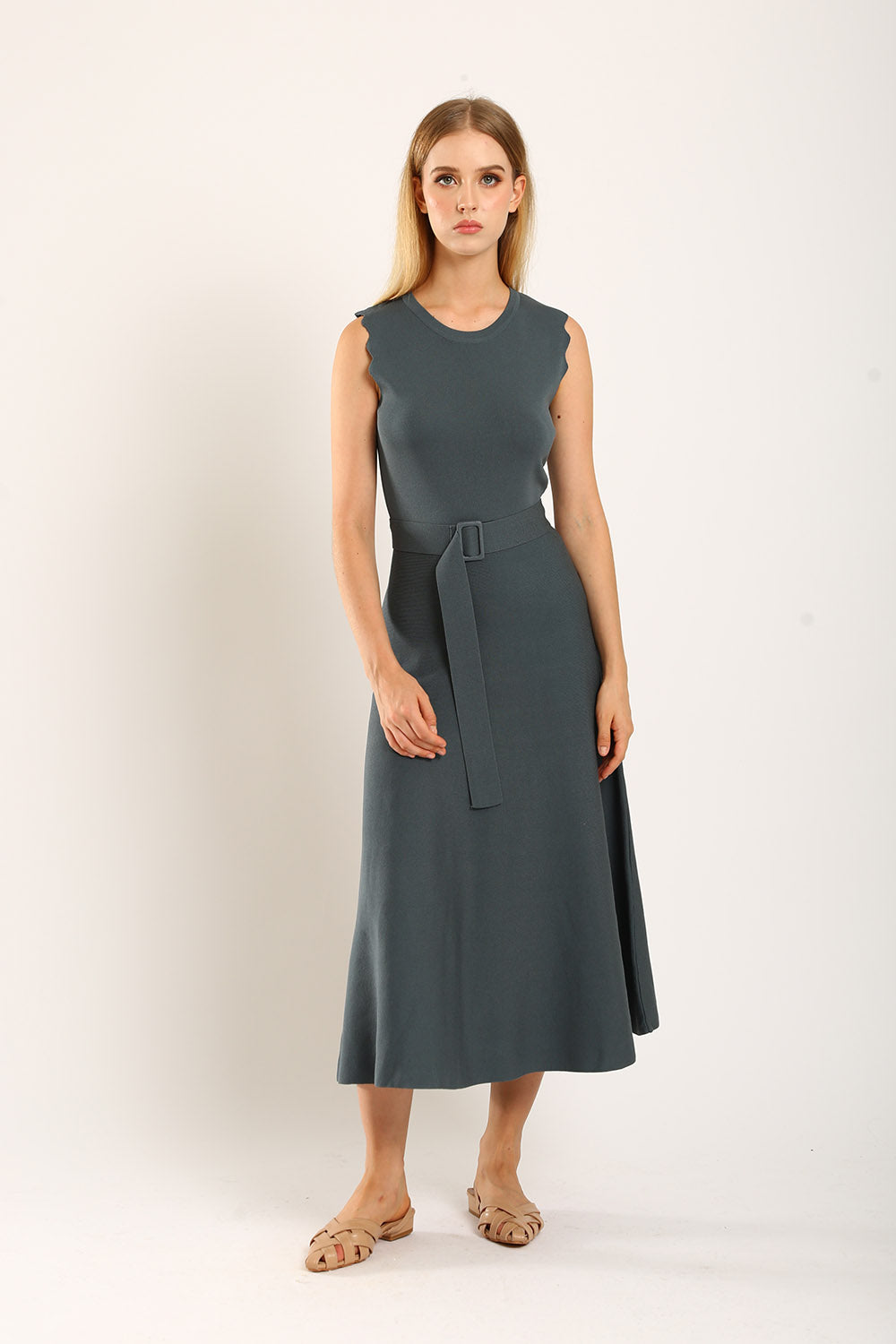 Clabelle Knit Belted Midi Dress in Gun Metal