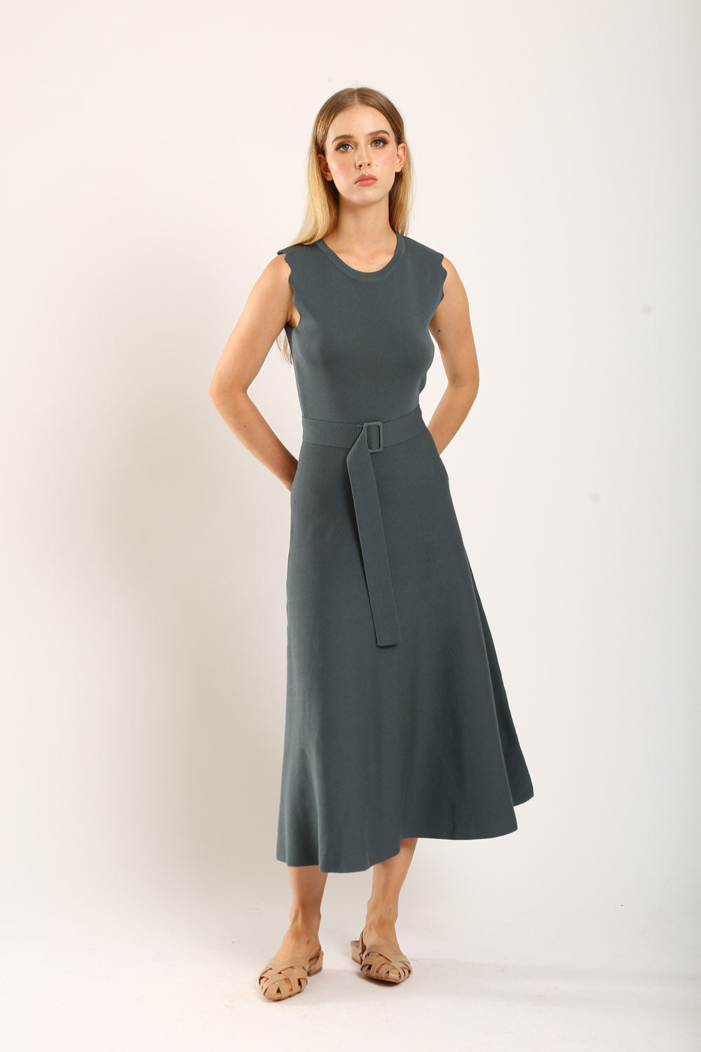 Clabelle Knit Belted Midi Dress in Gun Metal - Image 5