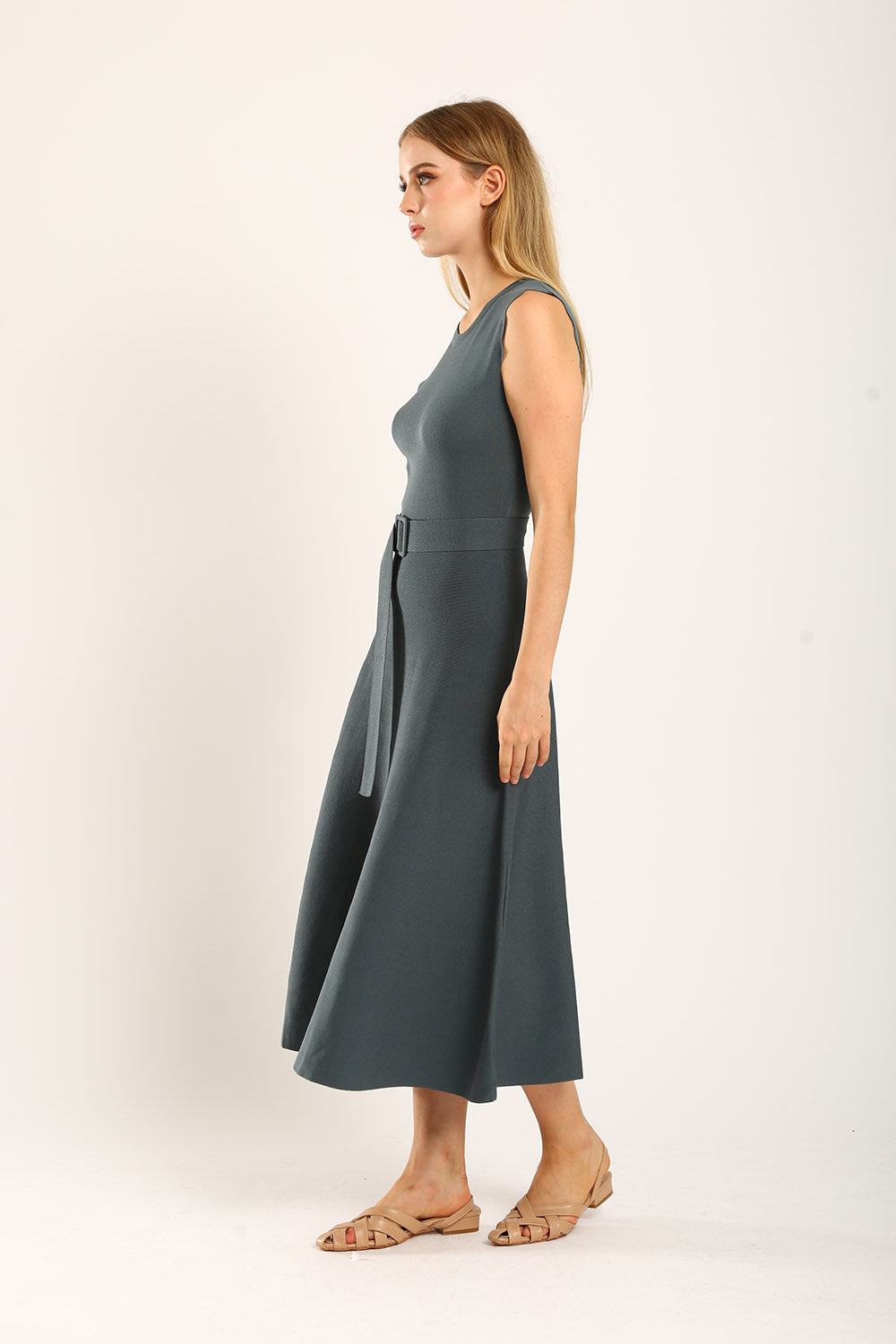 Clabelle Knit Belted Midi Dress in Gun Metal - Image 6