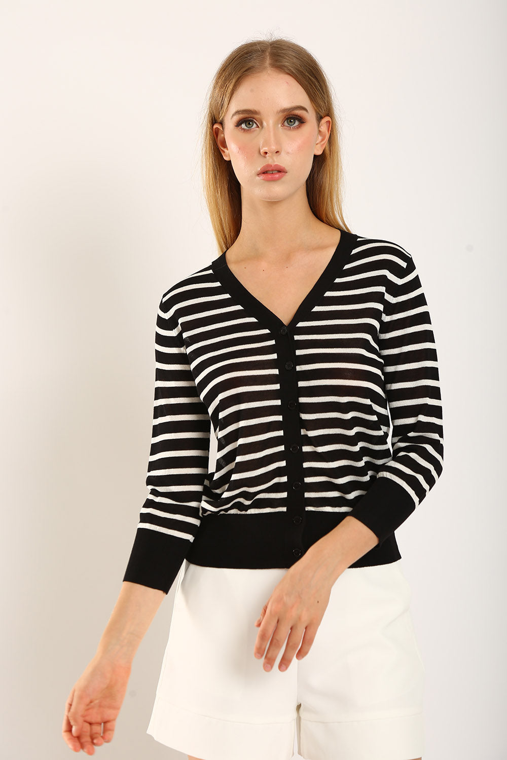 Gemma Striped Knit Cardigan in Black - Image 2