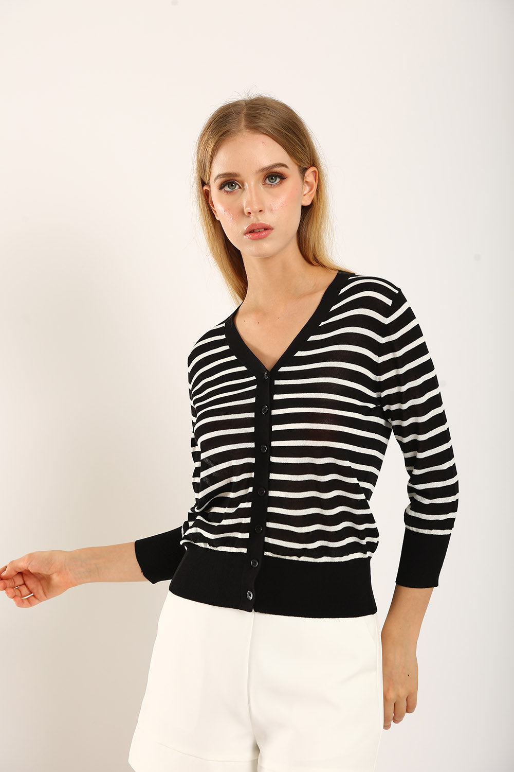 Gemma Striped Knit Cardigan in Black - Image 4