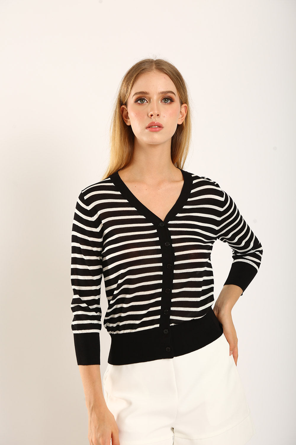 Gemma Striped Knit Cardigan in Black
