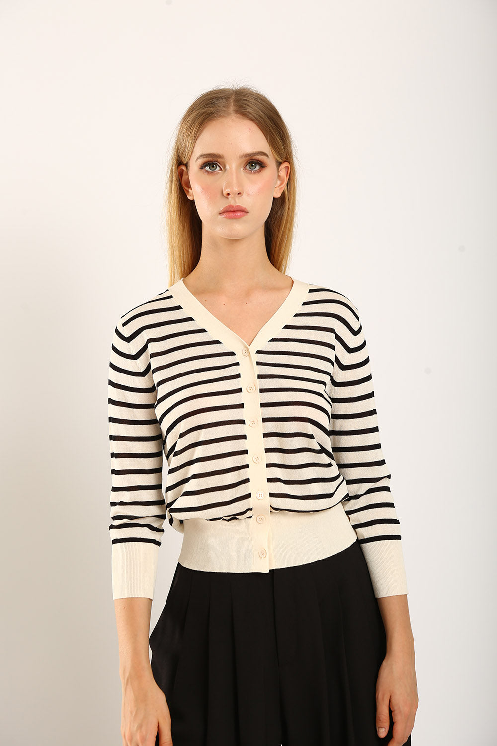 Gemma Striped Knit Cardigan in White
