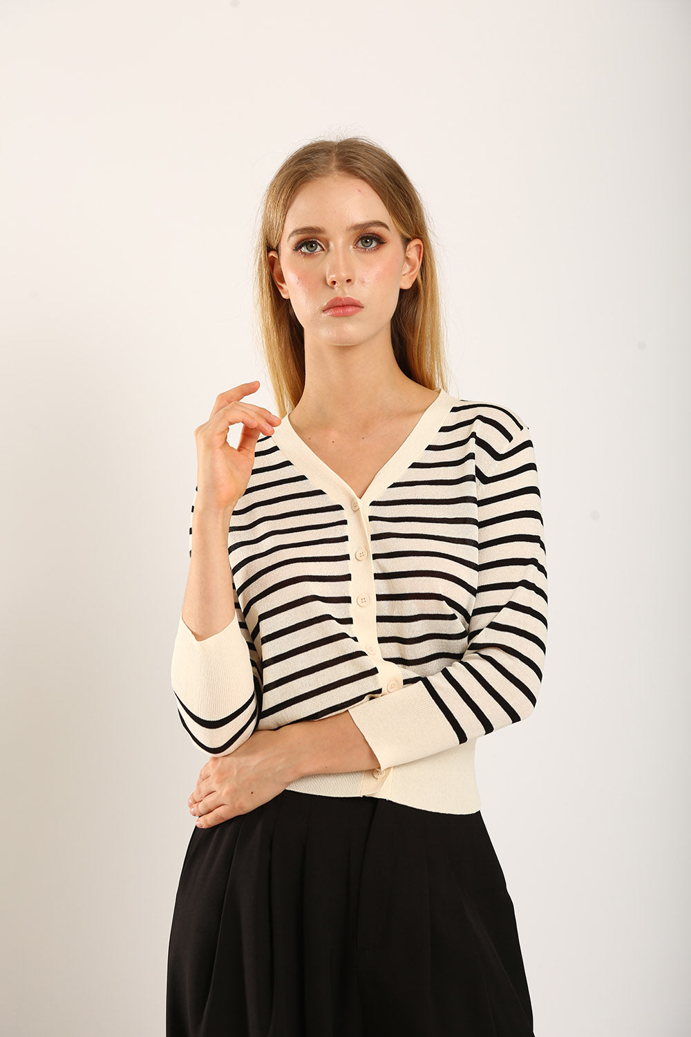 Gemma Striped Knit Cardigan in White - Image 3