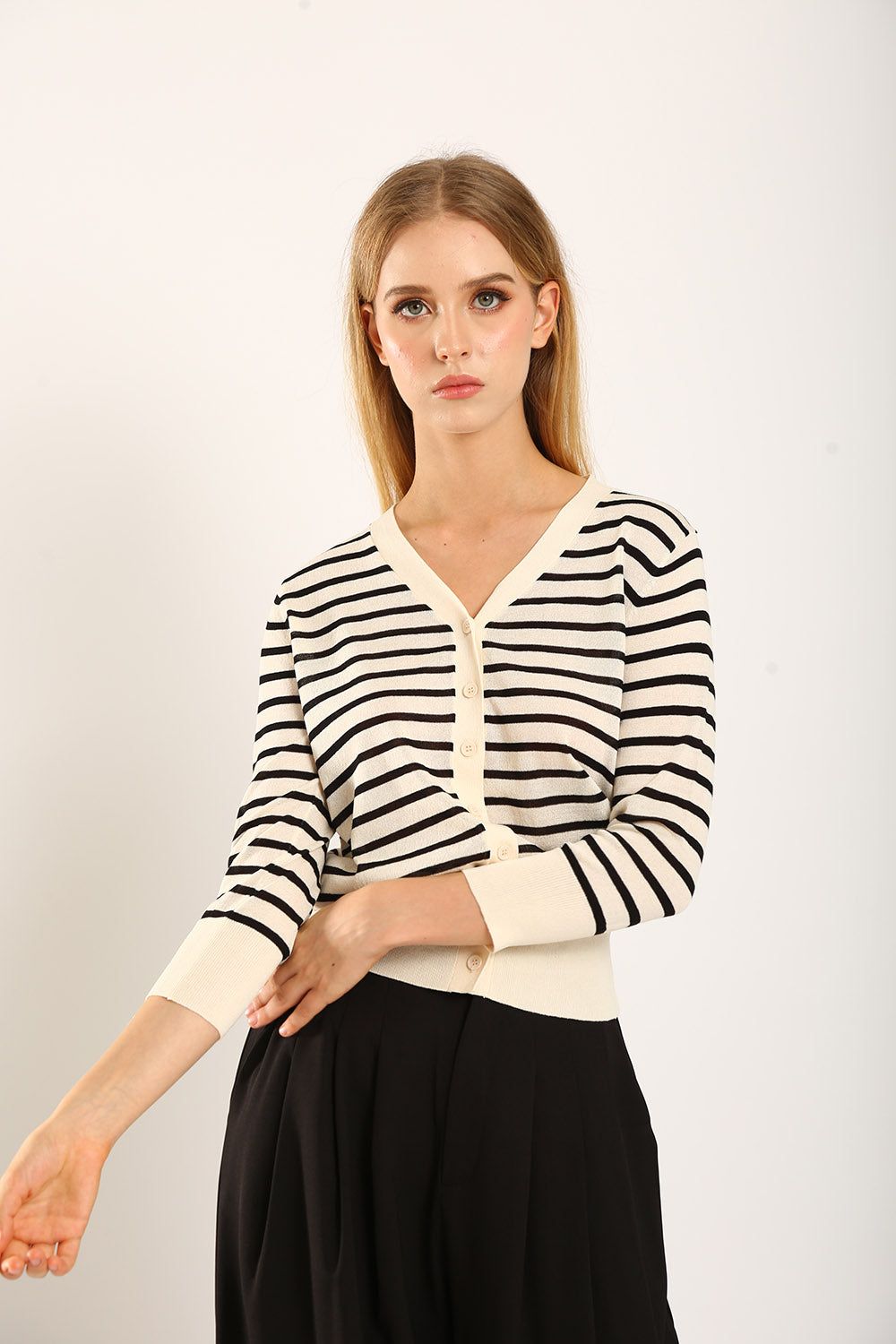 Gemma Striped Knit Cardigan in White - Image 4
