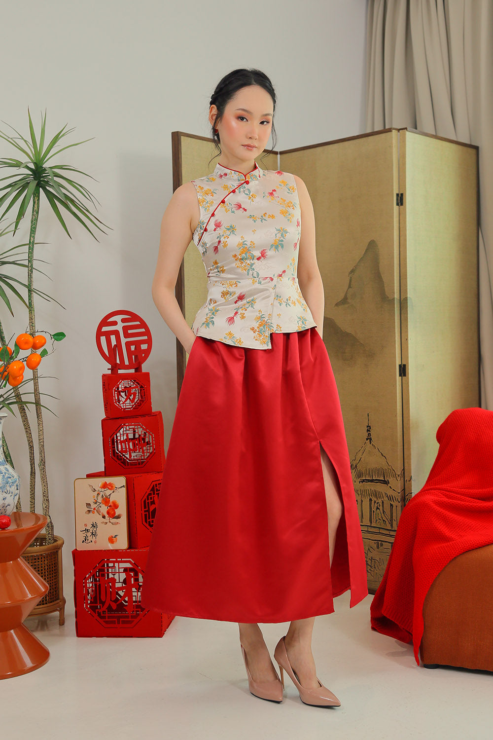 Sayuri Slit Skirt in Mulberry Red - Image 5