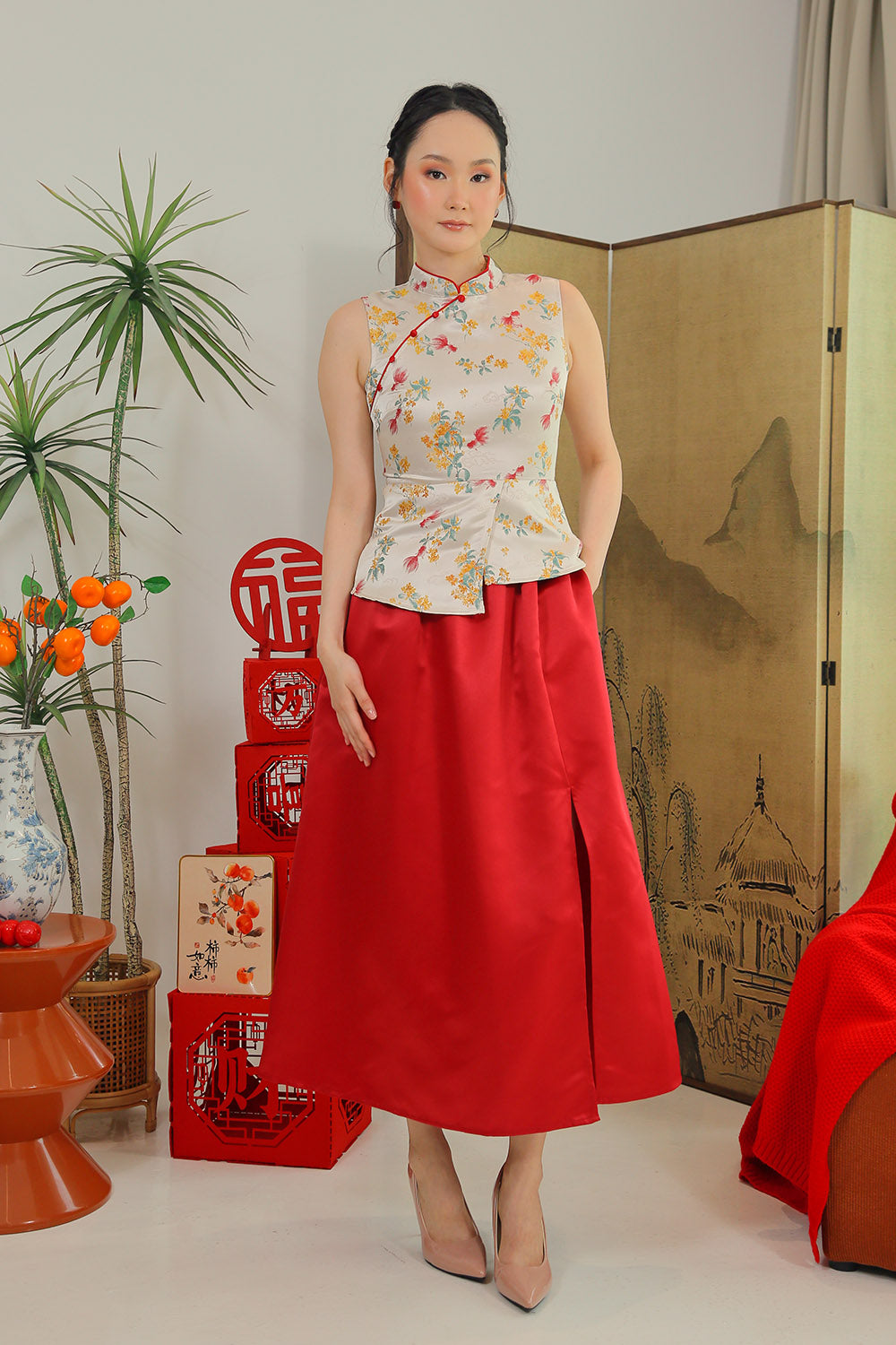 Sayuri Slit Skirt in Mulberry Red - Image 4