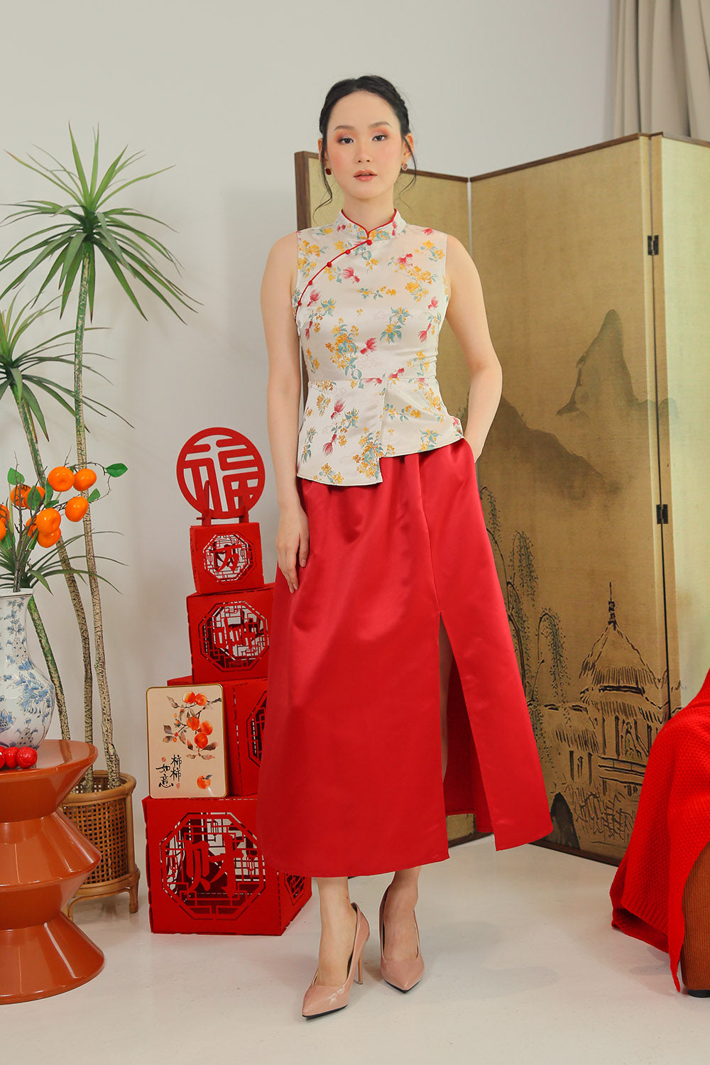 Sayuri Slit Skirt in Mulberry Red - Image 2