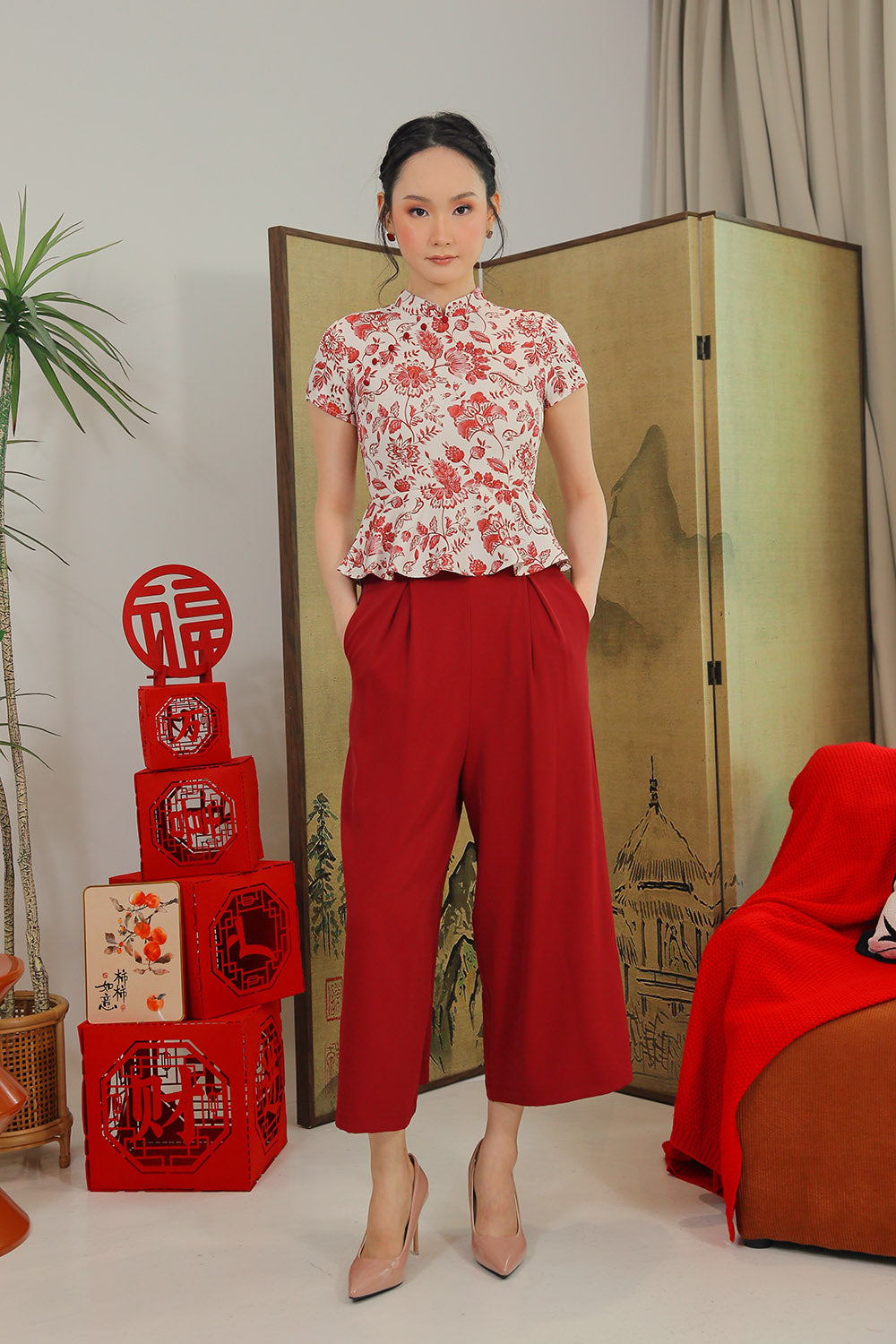 Marisse Wide-Leg Pants in Wine Red - Image 5