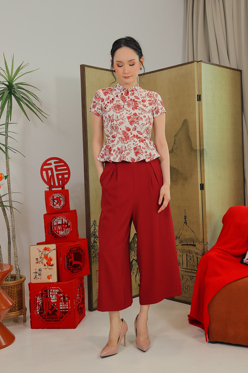 Marisse Wide-Leg Pants in Wine Red - Image 6