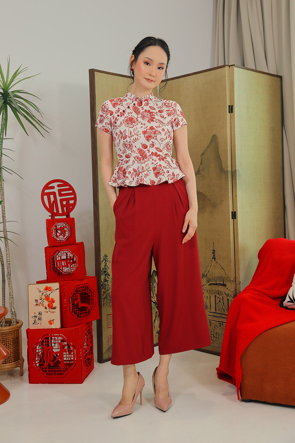 Marisse Wide-Leg Pants in Wine Red - Image 2