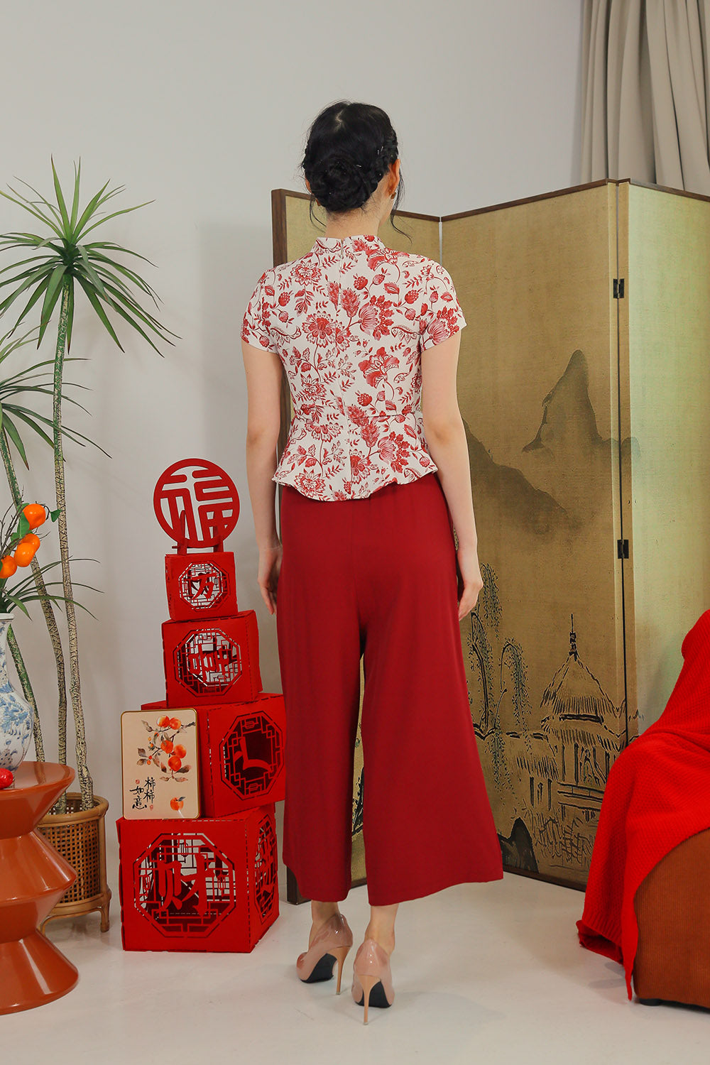 Marisse Wide-Leg Pants in Wine Red - Image 3