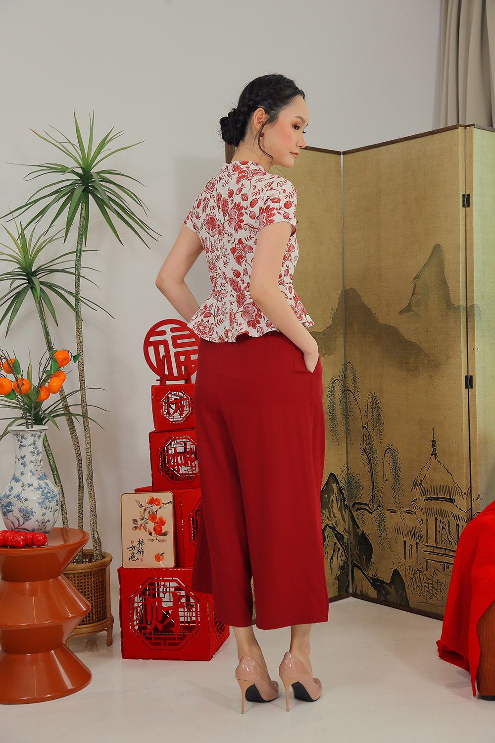 Marisse Wide-Leg Pants in Wine Red - Image 4