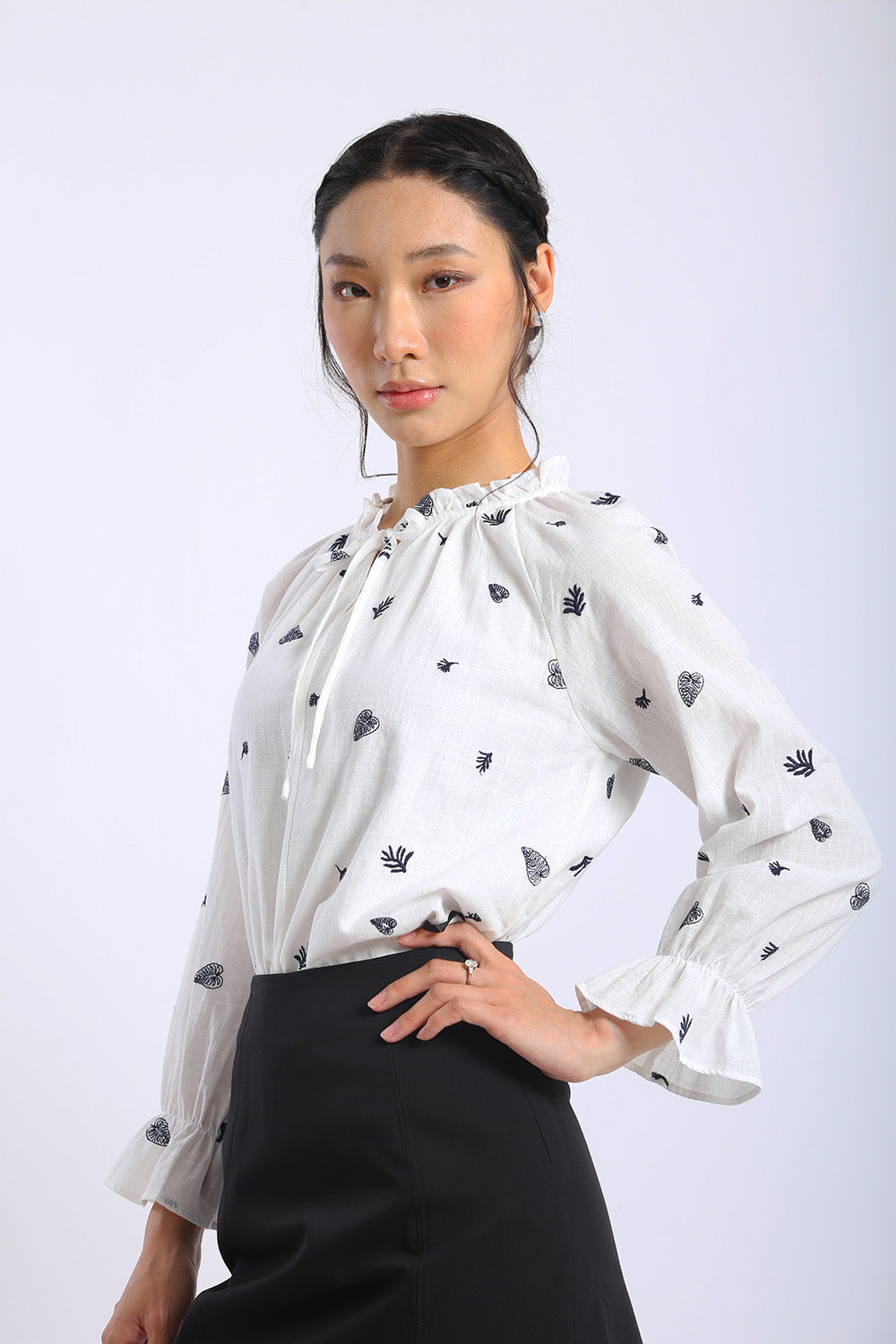 Arden Leaf Embroidery Blouse in Classic White - Image 4