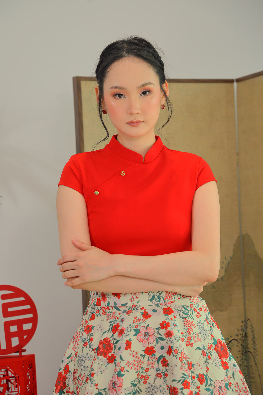 Rin Mandarin Button Top in Cherry Red - Image 4