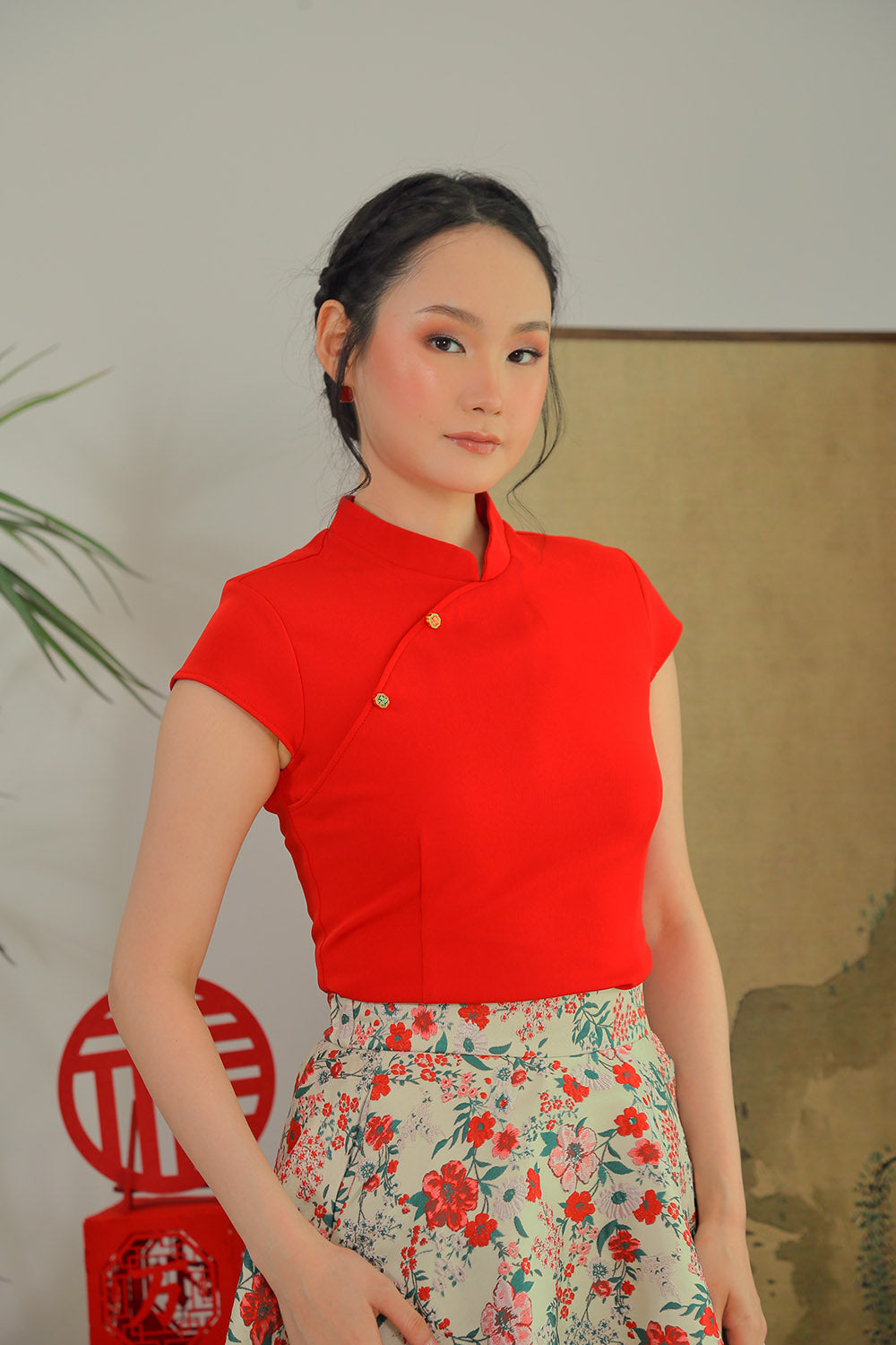 Rin Mandarin Button Top in Cherry Red - Image 3