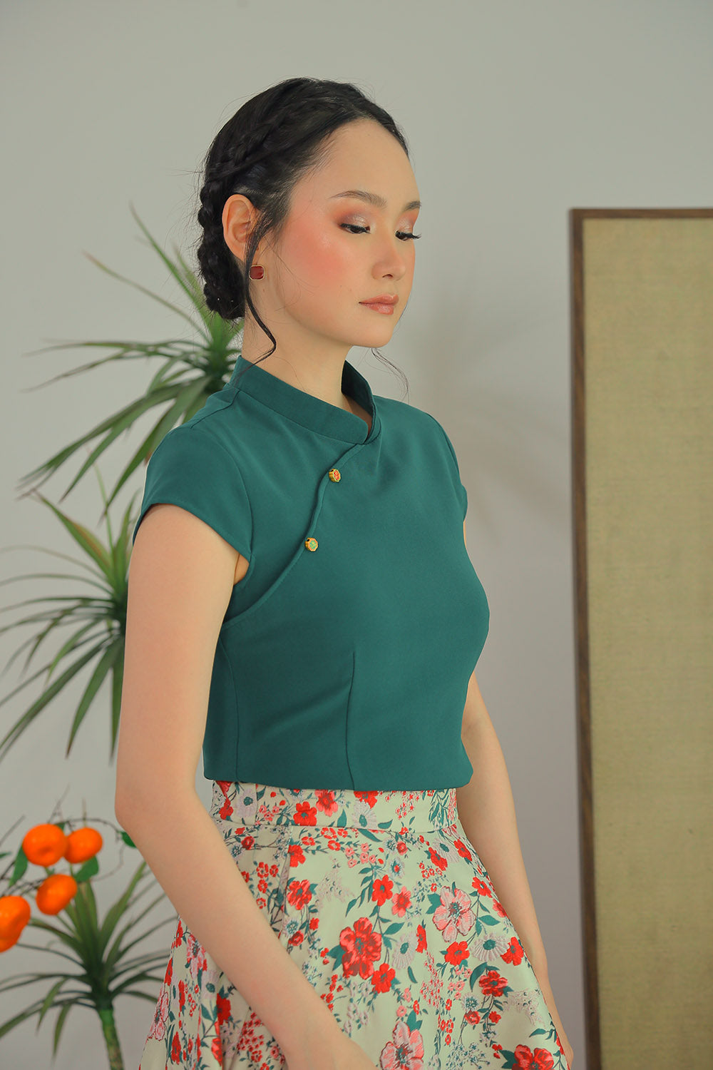 Rin Mandarin Button Top in Pine Green - Image 3