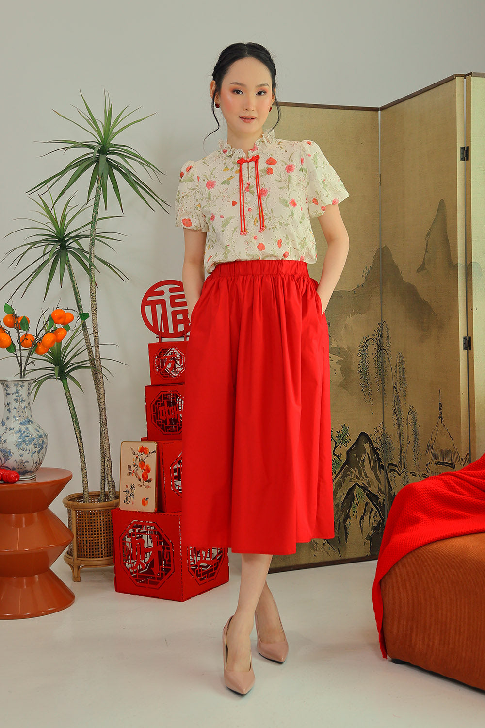 Eleanor Flowy Maxi Skirt in Crimson Red - Image 2