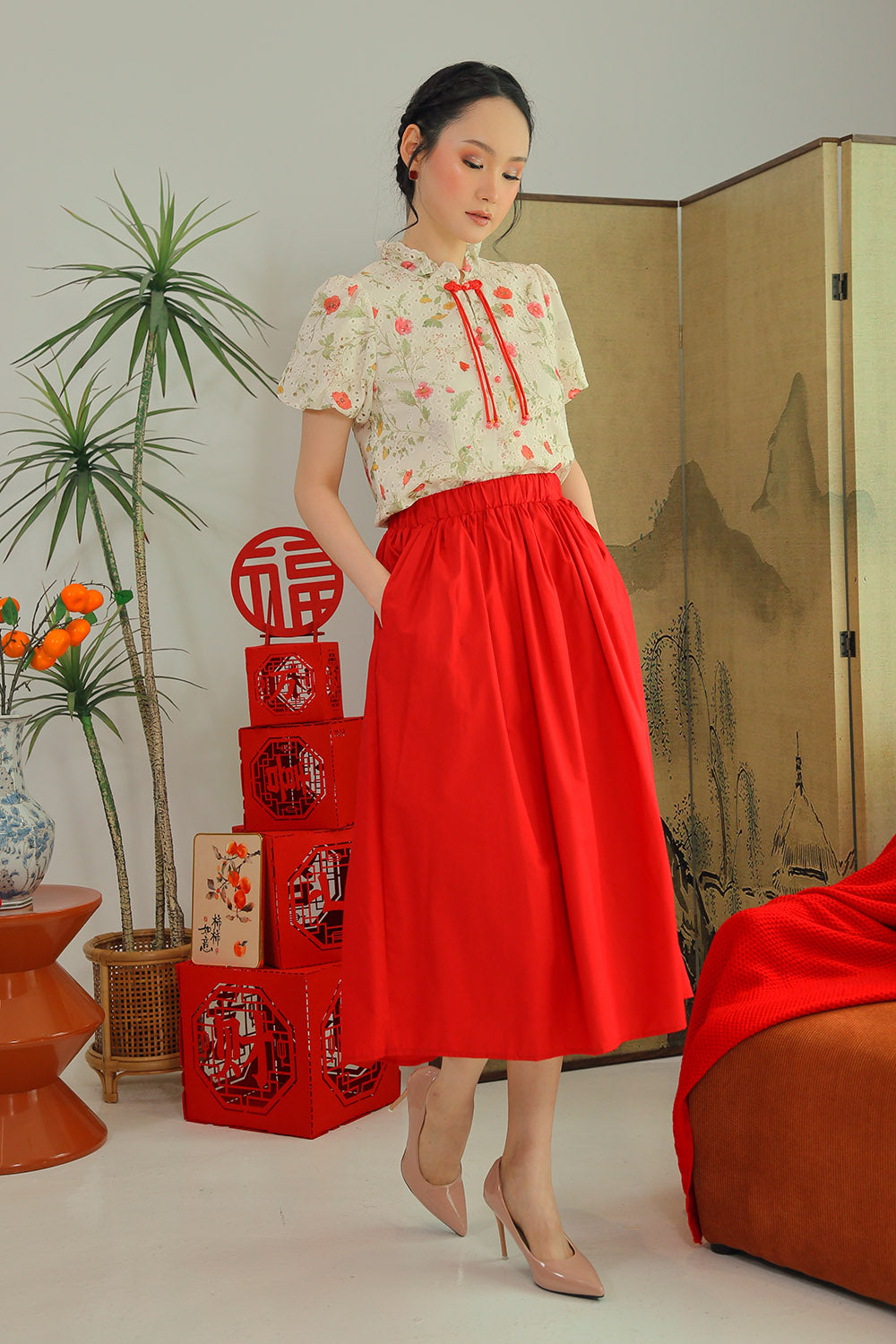 Eleanor Flowy Maxi Skirt in Crimson Red - Image 6