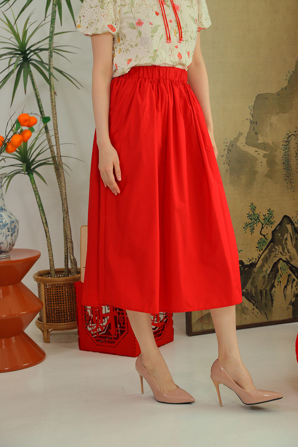 Eleanor Flowy Maxi Skirt in Crimson Red - Image 5