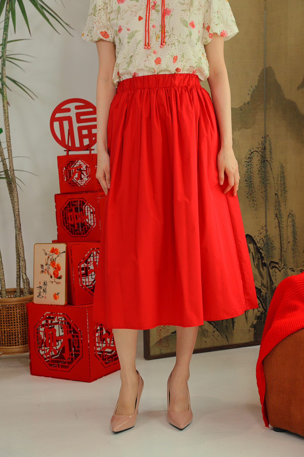 Eleanor Flowy Maxi Skirt in Crimson Red
