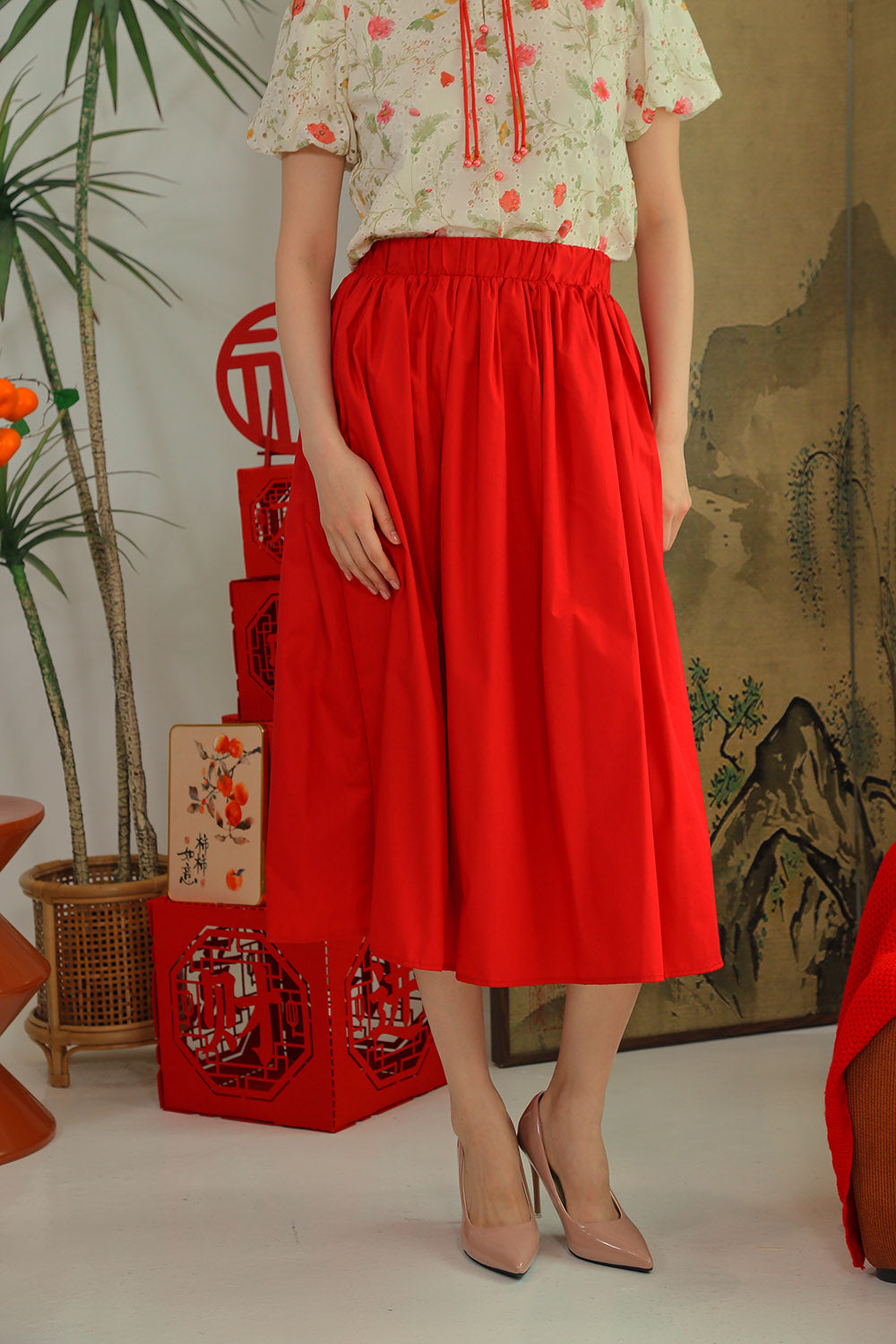 Eleanor Flowy Maxi Skirt in Crimson Red - Image 4