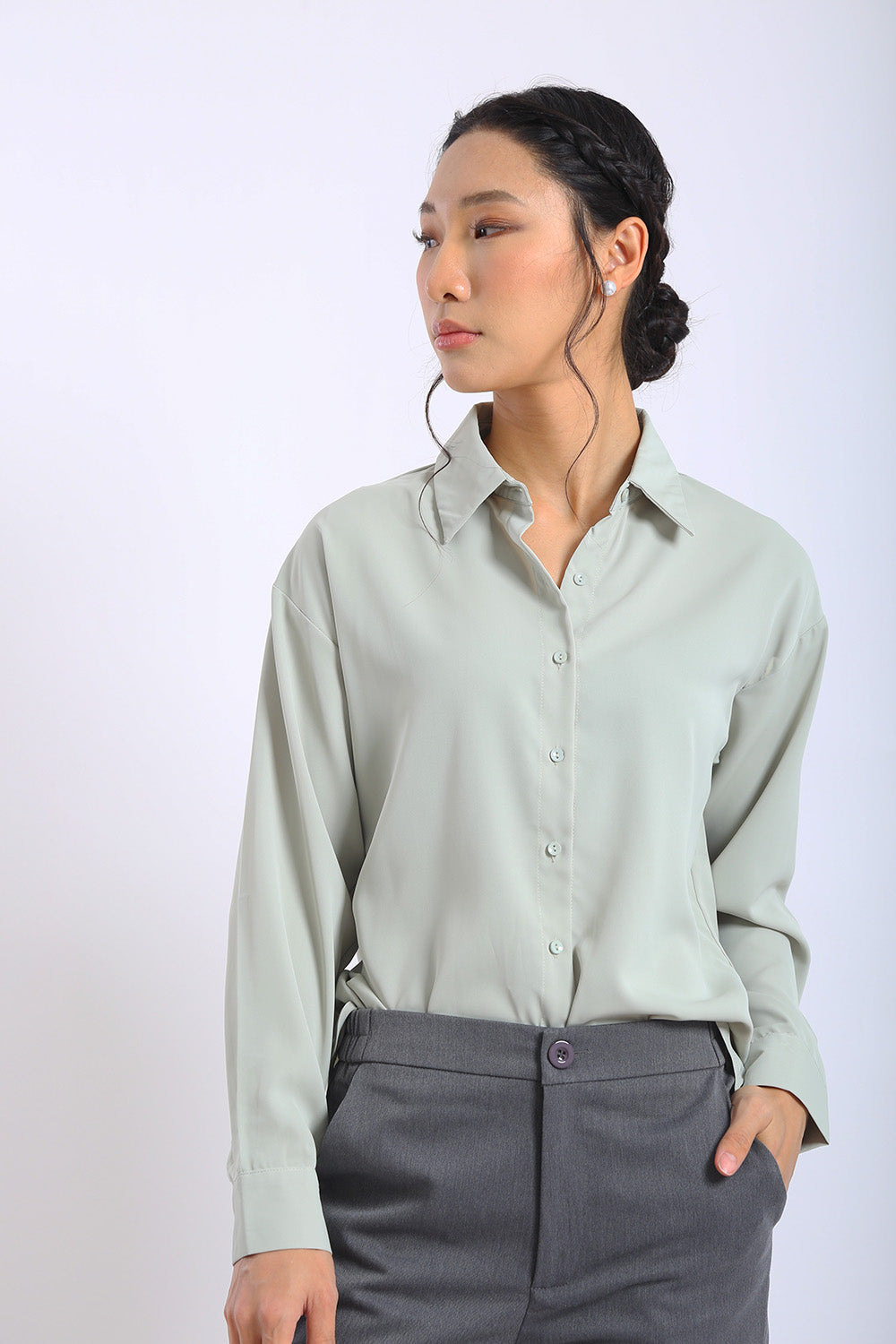 Erina Relaxed Button Shirt in Sage Green - Image 5