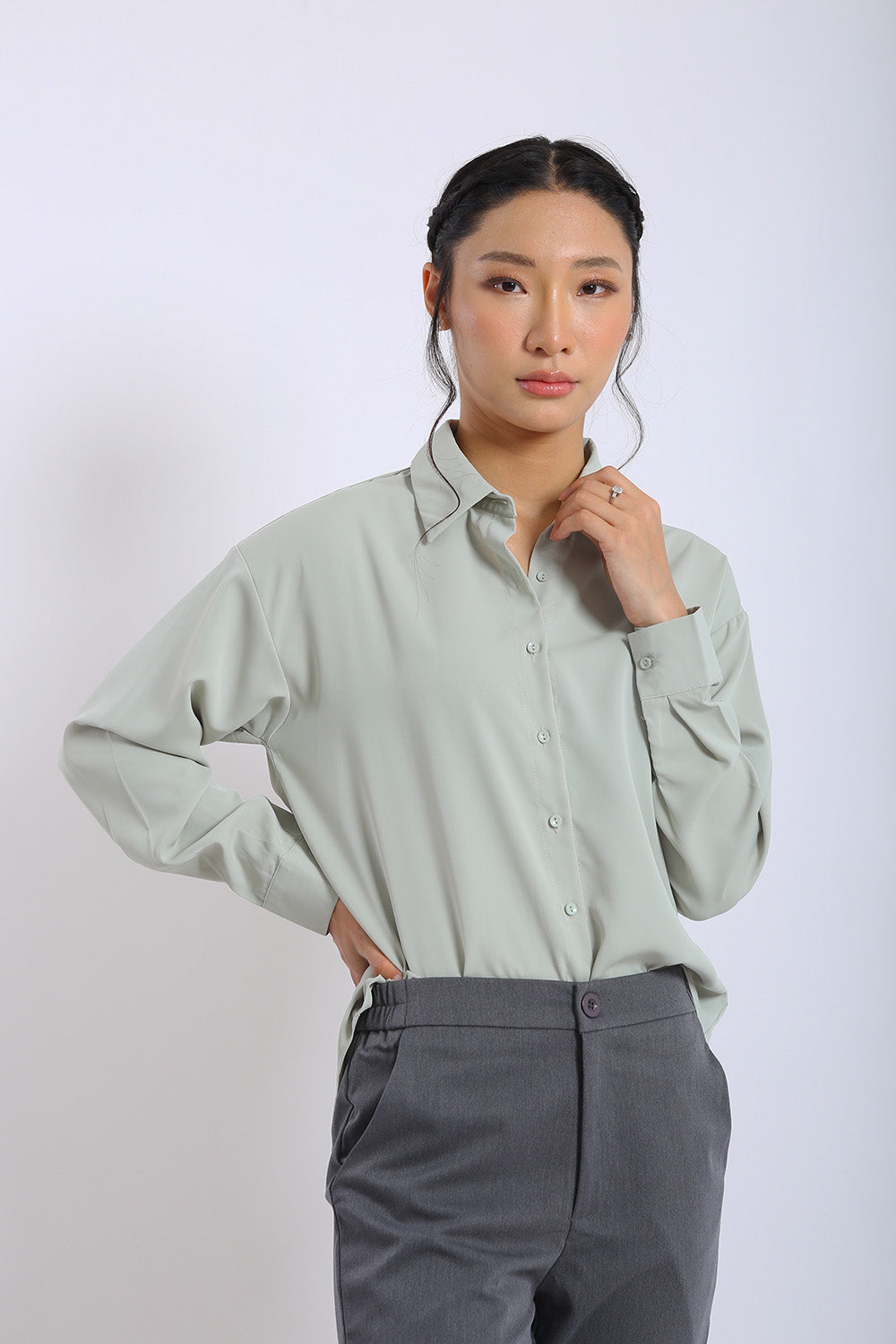 Erina Relaxed Button Shirt in Sage Green - Image 3