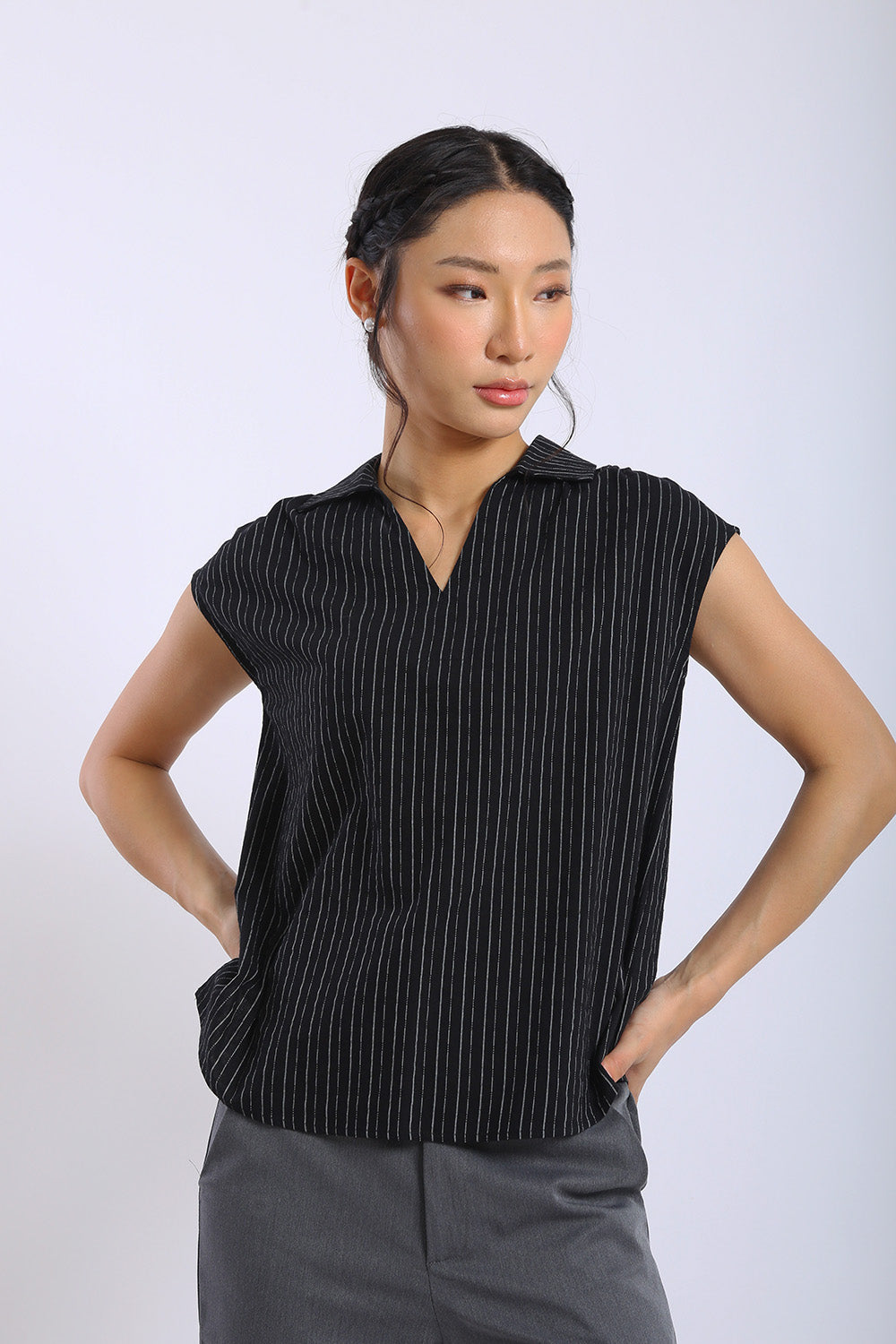 Lena Pinstripe Sleeveless Shirt in Black - Image 4