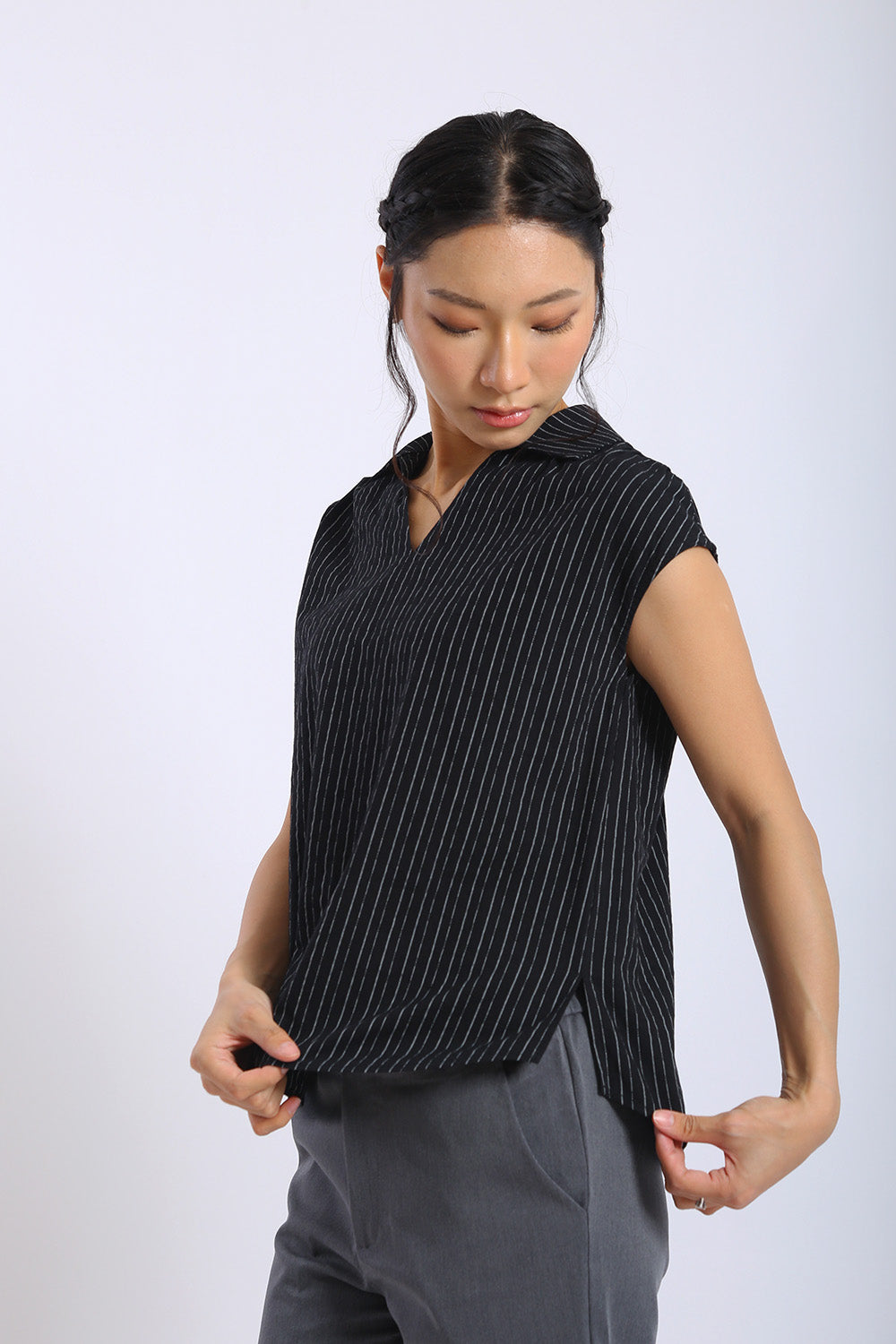 Lena Pinstripe Sleeveless Shirt in Black - Image 5