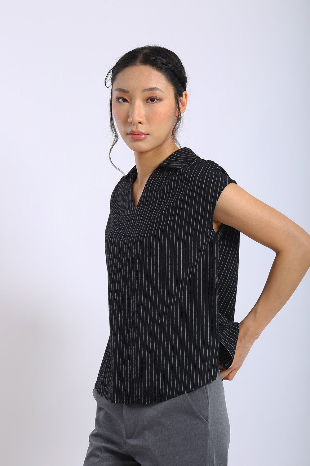 Lena Pinstripe Sleeveless Shirt in Black - Image 3