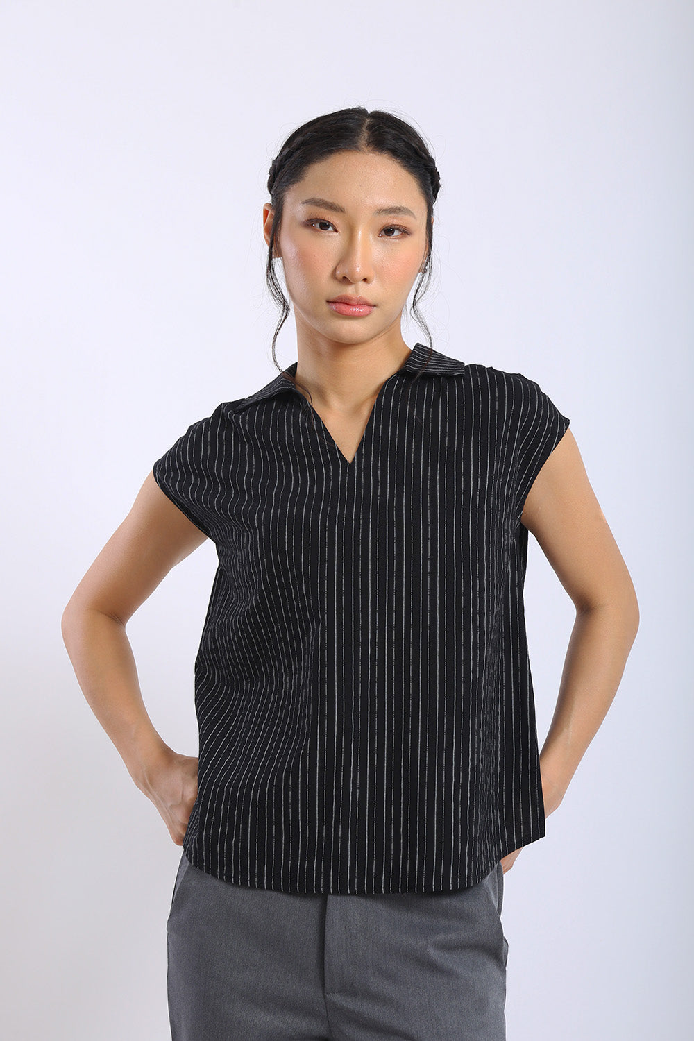 Lena Pinstripe Sleeveless Shirt in Black
