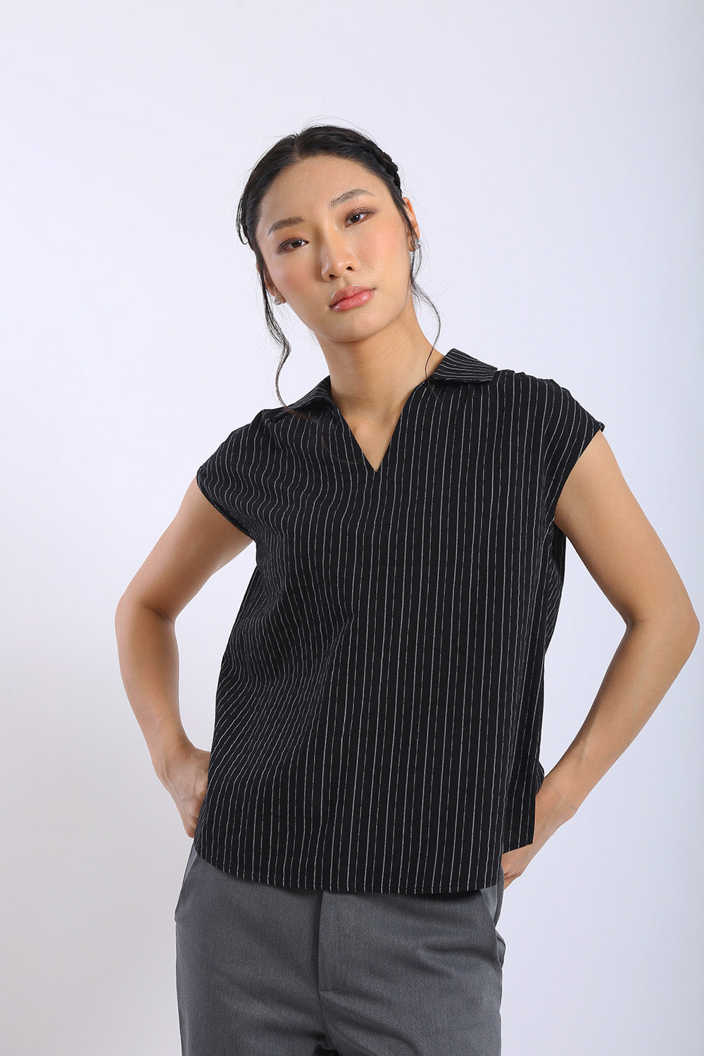 Lena Pinstripe Sleeveless Shirt in Black - Image 6