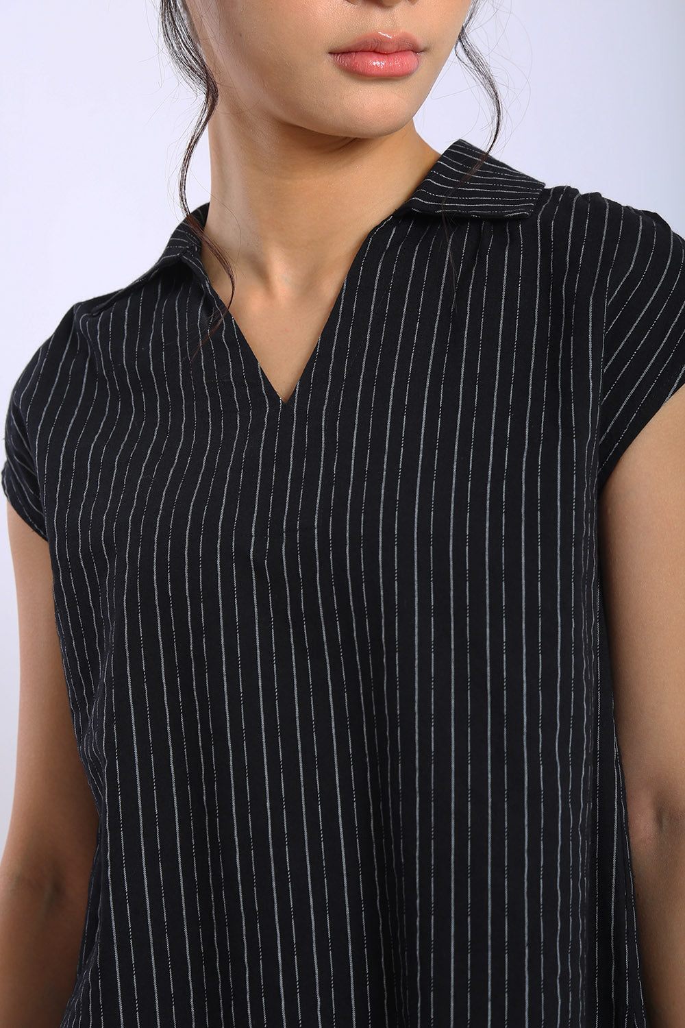 Lena Pinstripe Sleeveless Shirt in Black - Image 2